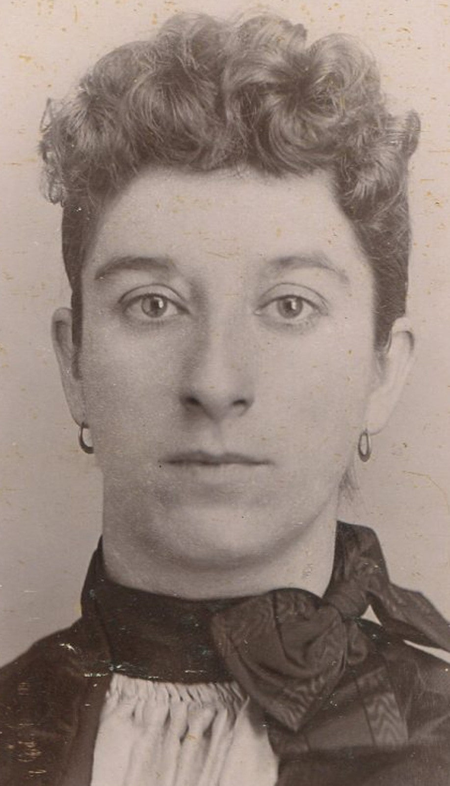 Vintage Cabinet Card Photo: Heavy Featured Woman, Curly Top Hair, Big Neck Bow