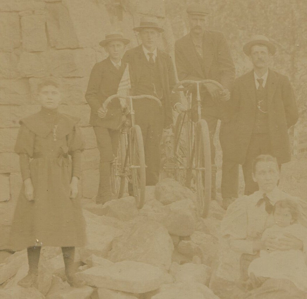Vintage Cabinet Card Photo: Original Group Portrait on Rock Pile with Bicycles -