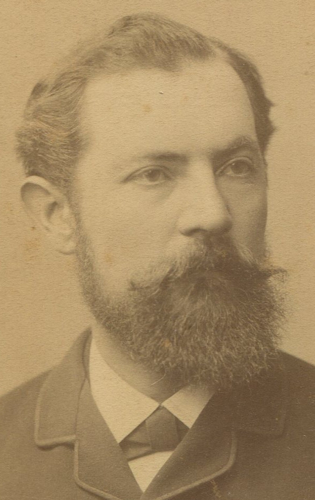 Vintage cabinet card photo: Striking European man with wavy hair and thick