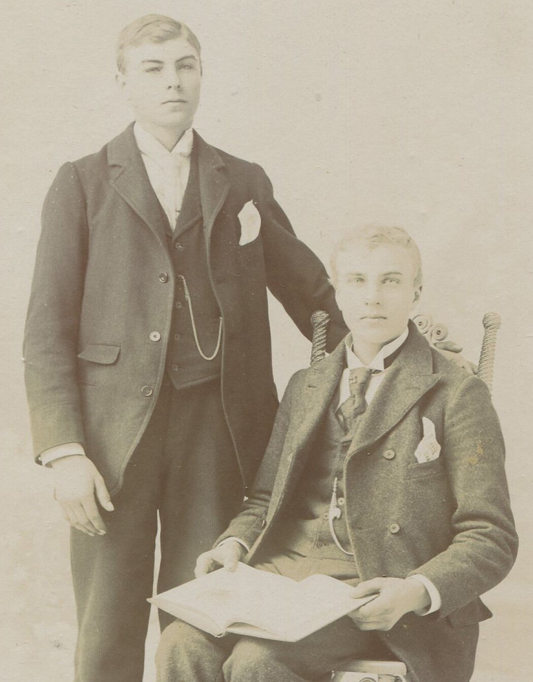 Vintage cabinet card photograph - Brothers reading, Freeport, Illinois -