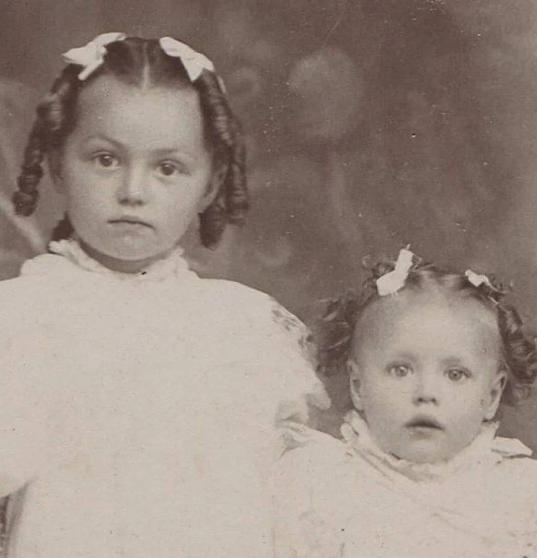 Vintage Cabinet Card Photo: Very Young Sisters in Matching Dresses & Hair Bows -