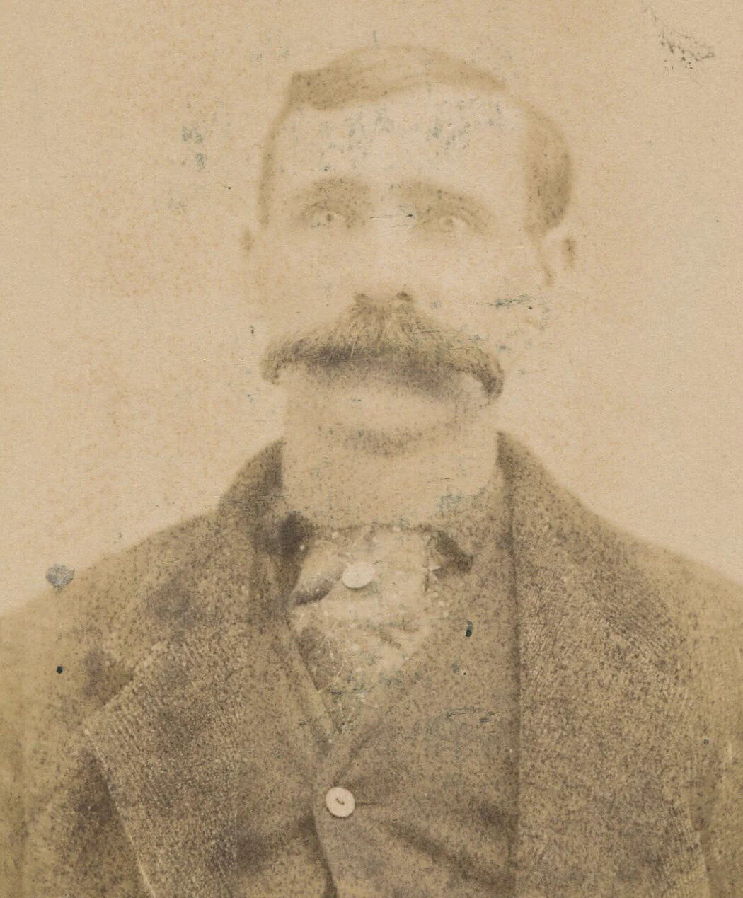 Vintage cabinet card portrait, New Lisbon OH: man with broom mustache in a tight