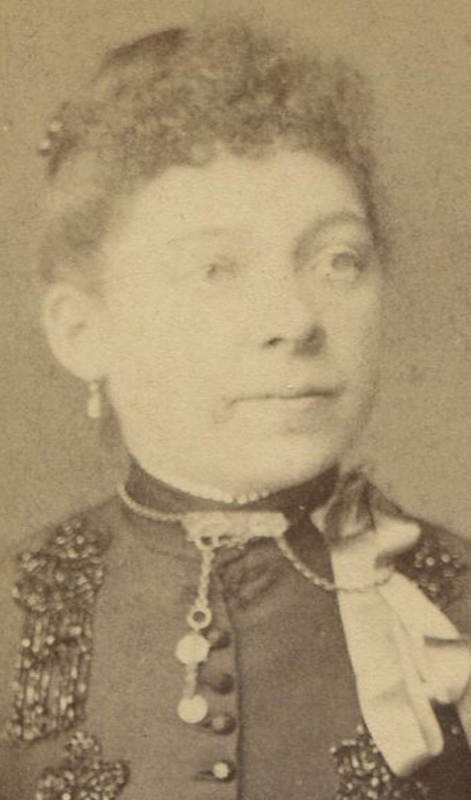 Vintage cabinet card photo: Original woman in beaded jacket & jewelry, Canton,