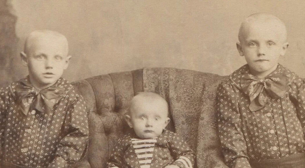 Vintage cabinet card photo: Young siblings plotting a coup in uniform,