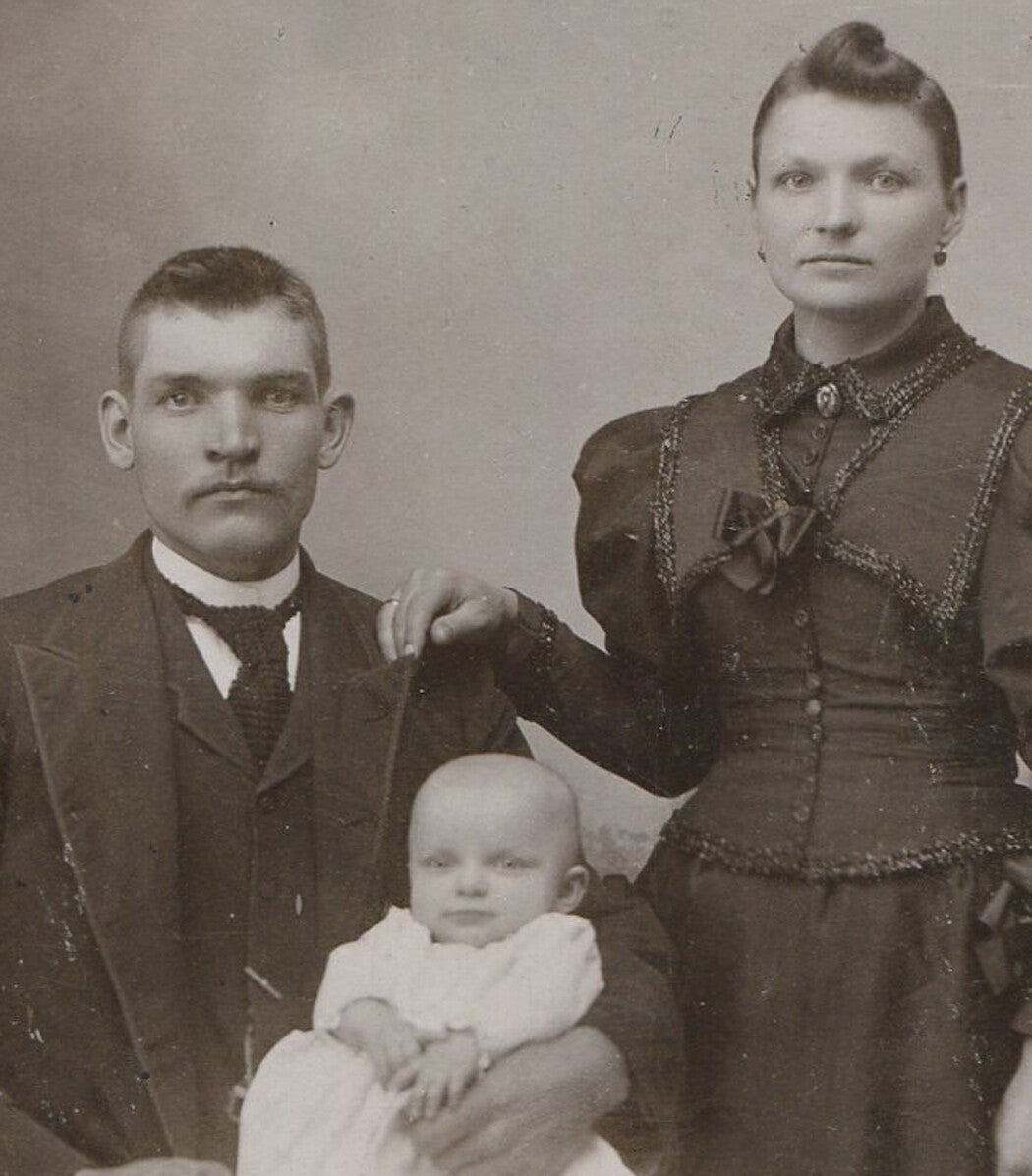 Vintage Cabinet Card Photo: New Parents, Sleep-Deprived, Overlord Baby on Lap -
