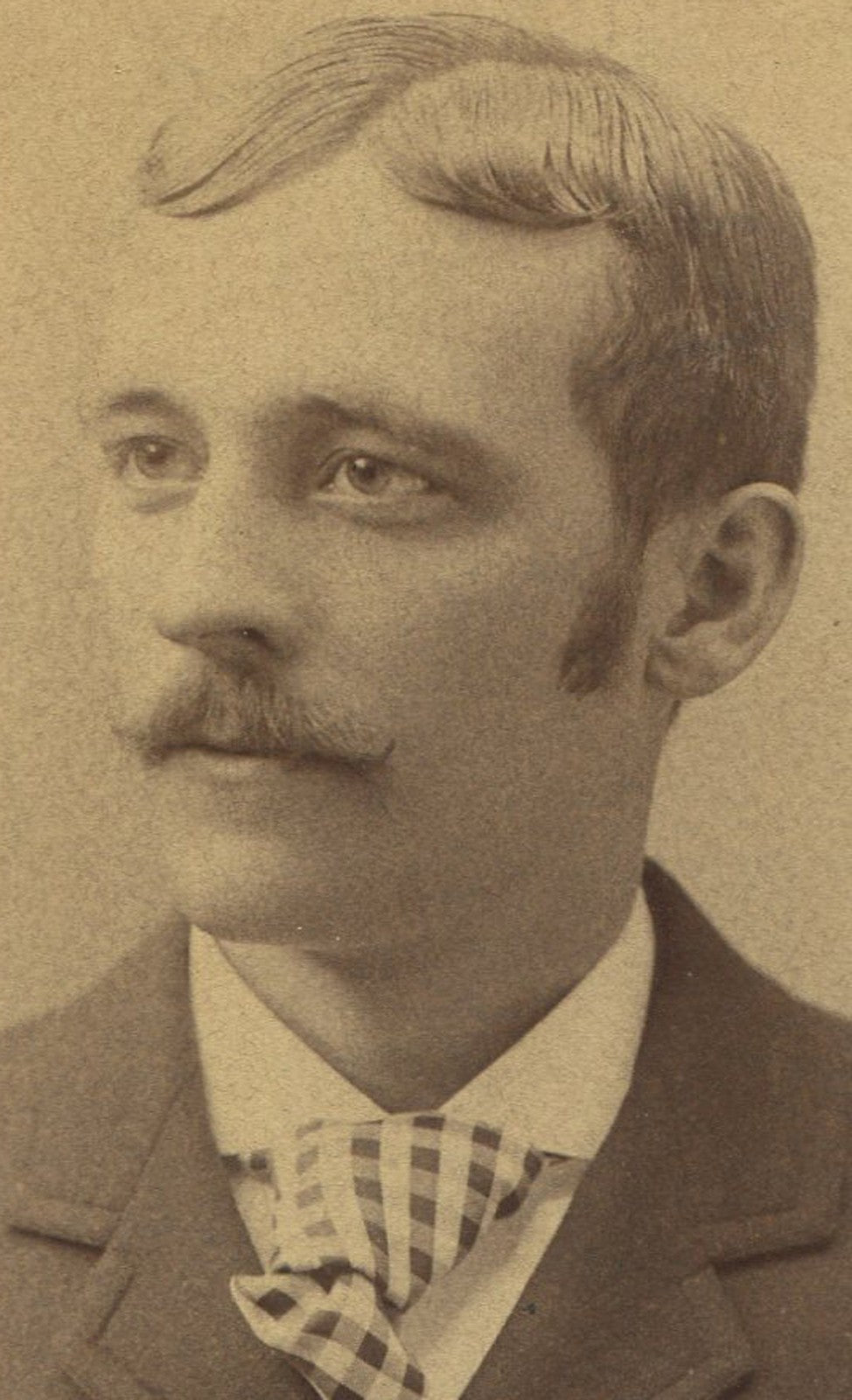 Vintage cabinet card photo: Man with mustache, check tie - Spencer MA studio
