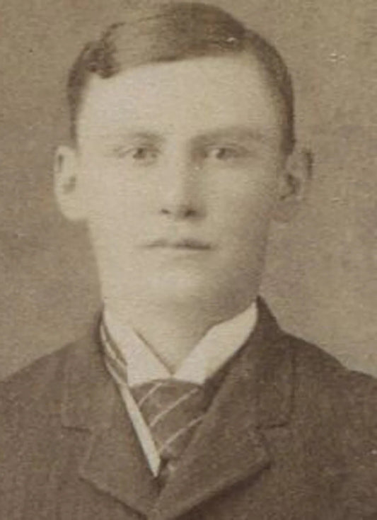 YOUNG MAN CORNERED BY DOMESTIC LIFE. CABINET CARD/ PAINTED BACKGROUND.