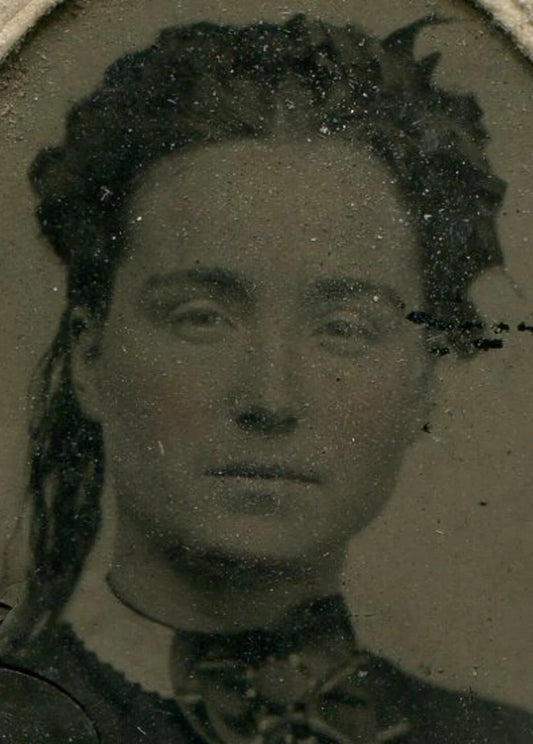 Vintage Tintype Photograph Woman Squinty Eyes Period Paper Matte 4x2.5 in