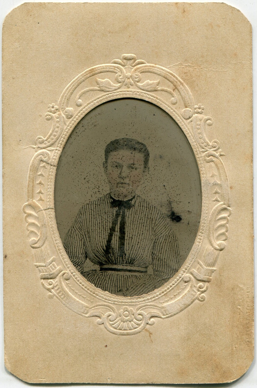 Tintype Photograph: Woman with Short Hair in Striped Dress on Paper Mat
