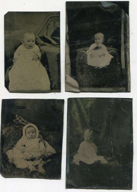 4 Set Tintypes Babies Vintage Photo 3.5 x 2.5 in Collectible Item