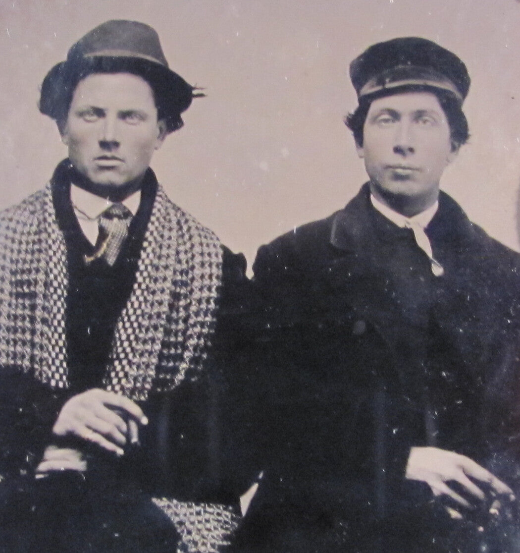 MEN IN HATS, SCARF, HOLDING CIGARS. TINTYPE 6TH PLATE, HALF CASE.