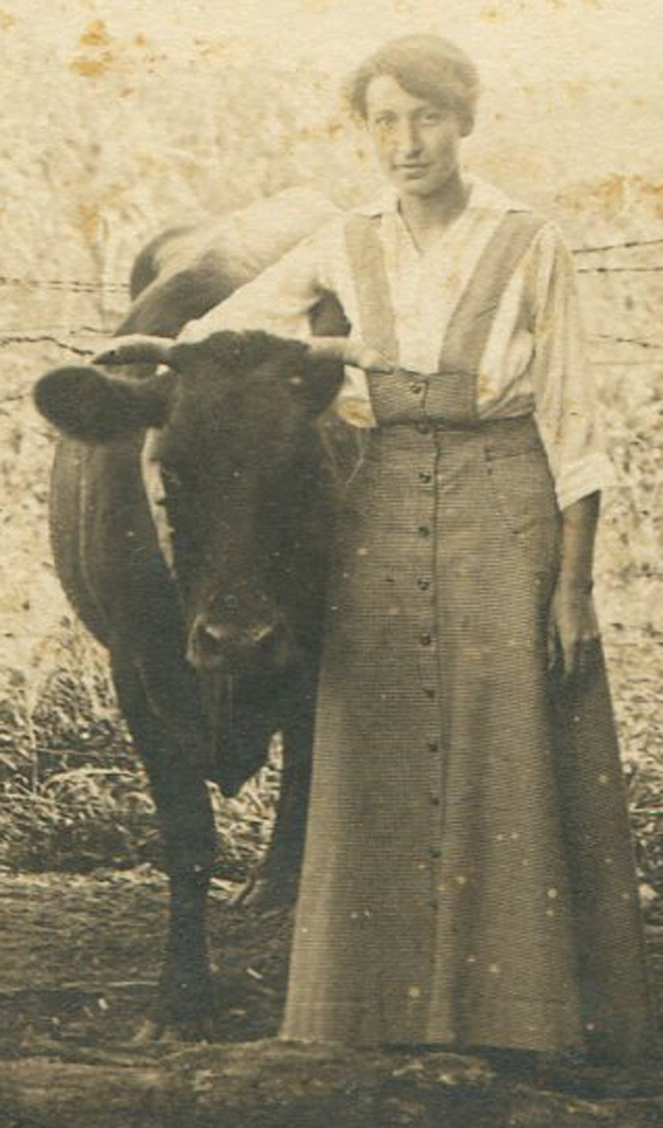 Vintage Outdoor Photo Postcard Set: Woman With Cow by Family Home, 2-Card Rustic