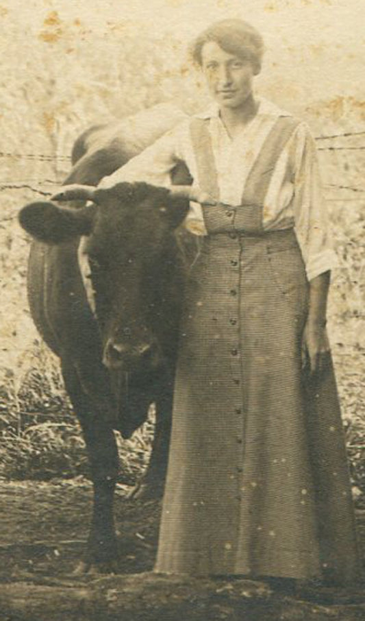 Vintage Outdoor Photo Postcard Set: Woman With Cow by Family Home, 2-Card Rustic