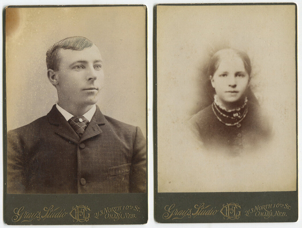 MAN, YOUNG WOMAN. CABINET CARD 2 SET. OMAHA, NEBRASKA.