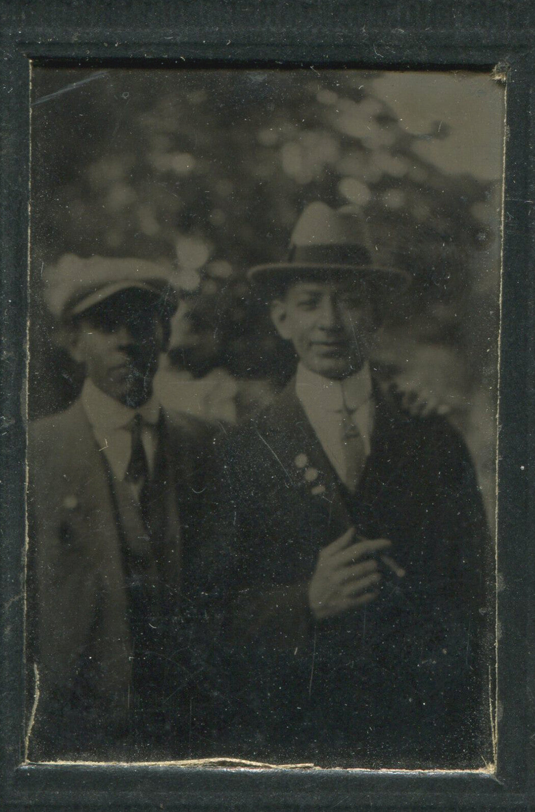 MAN IN HATS, CIGAR. TINTYPE, PERIOD PAPER MAT.