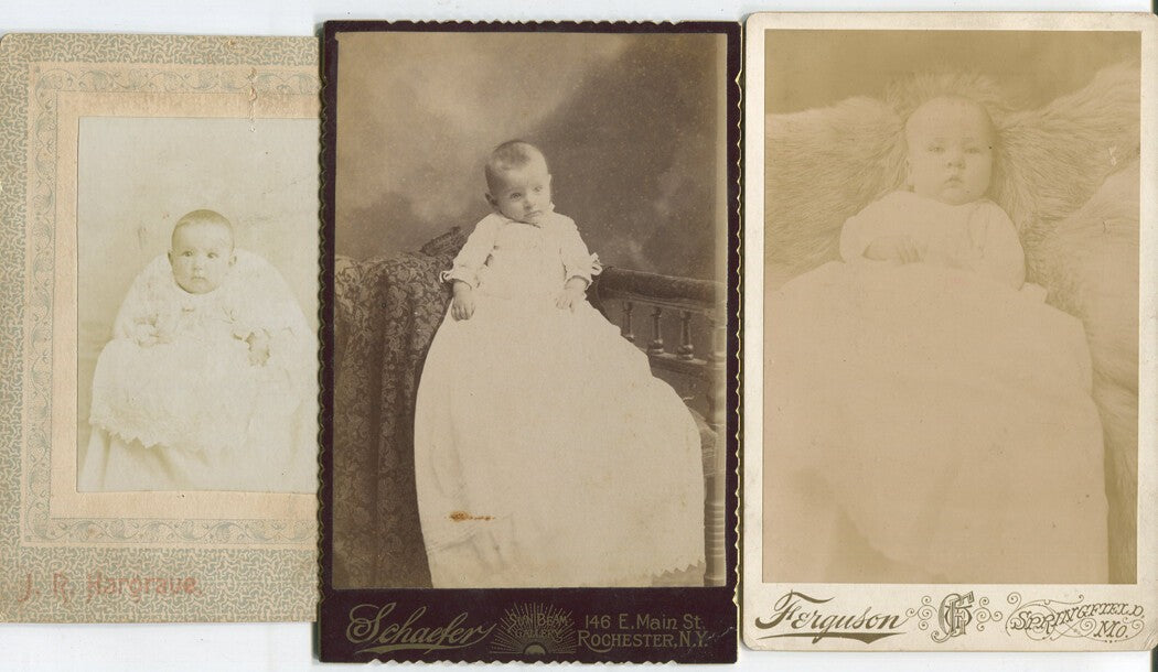 Vintage cabinet card - three baby portraits; original photo, collectible nursery