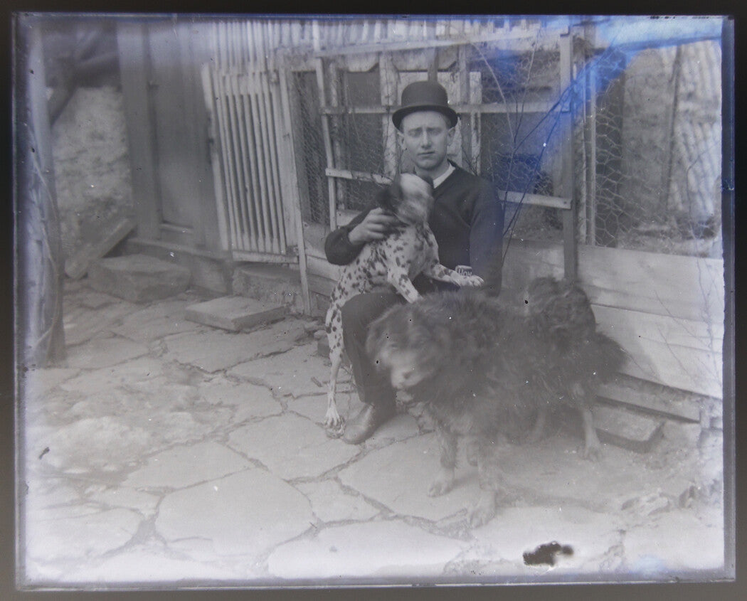 MAN IN HAT W/TWO DOGS, ONE DALMATION. 4X5 GLASS PLATE NEGATIVE.