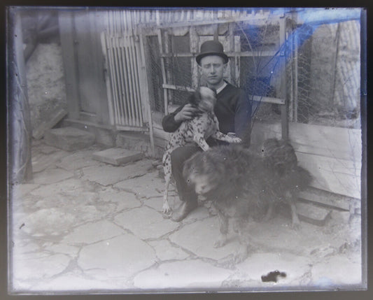 MAN IN HAT W/TWO DOGS, ONE DALMATION. 4X5 GLASS PLATE NEGATIVE.