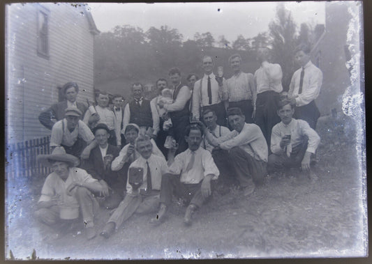 MEN WITH BABY, BOX CAMERA, LOTS OF BOOZE. 5X7 GLASS PLATE NEGATIVE.
