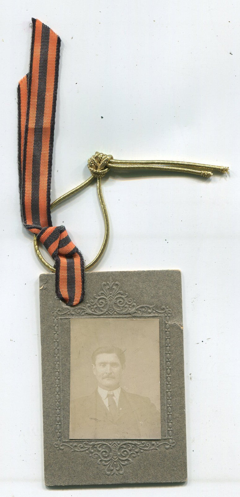 Vintage man photo card 3x2 with back cherub message, decorative ribbon -