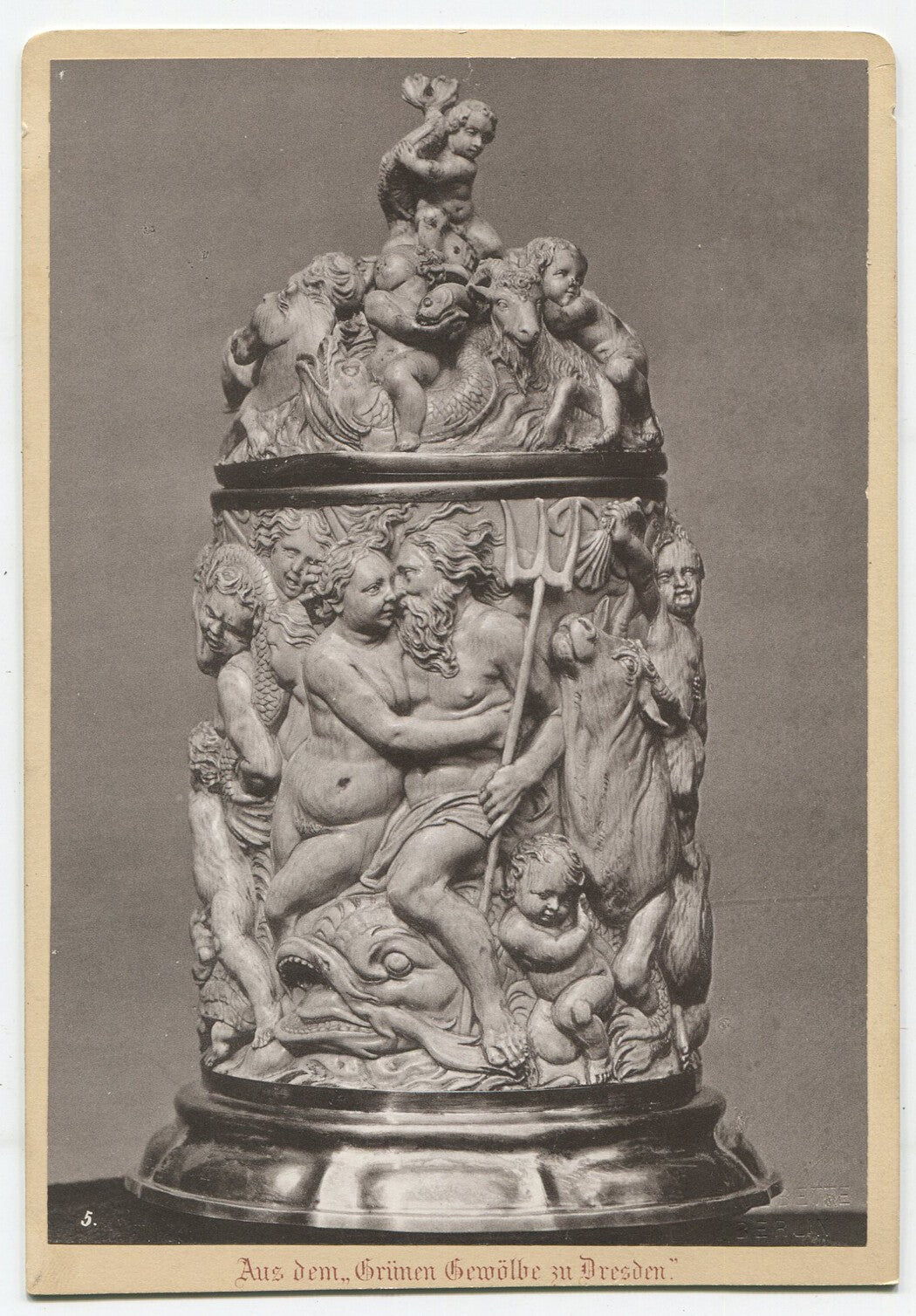 Vintage cabinet card photo Poseidon motif with figure-clad urn, original