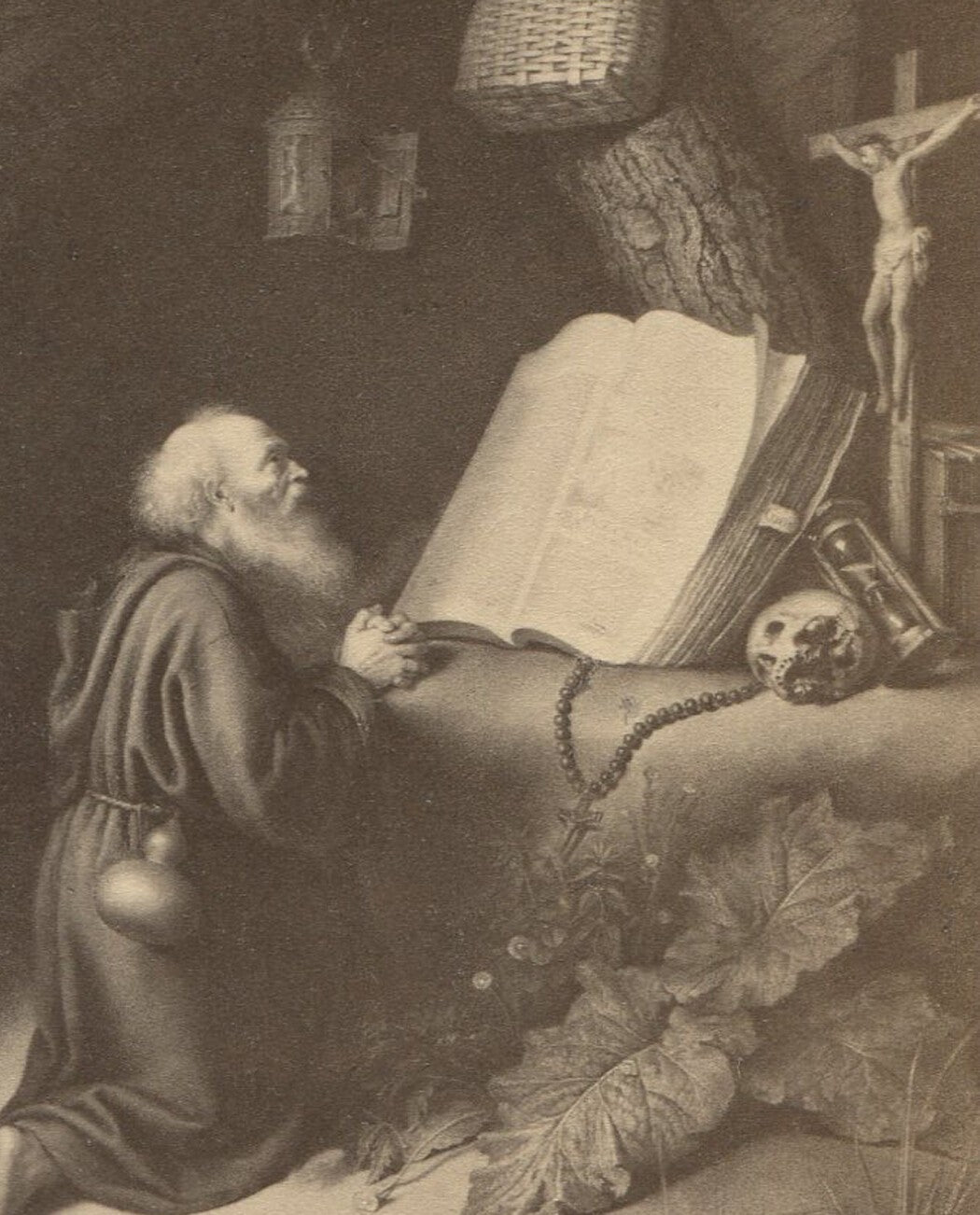 Original Vintage Cabinet Card Photo: Praying Monk-Religious Art, Two Views, Wall