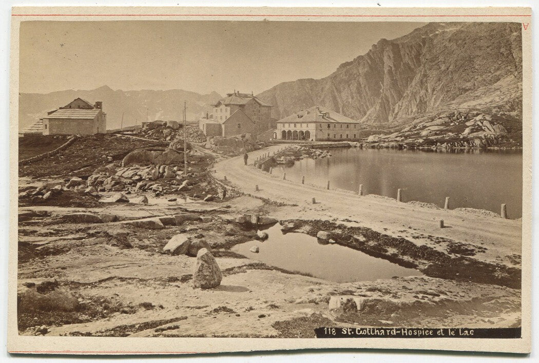Vintage cabinet card photo: Interlaken, Switzerland -- Swiss village on rugged