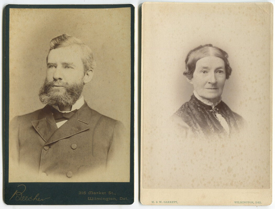 Vintage cabinet card photo: Man with aggressively styled beard, surprised woman,