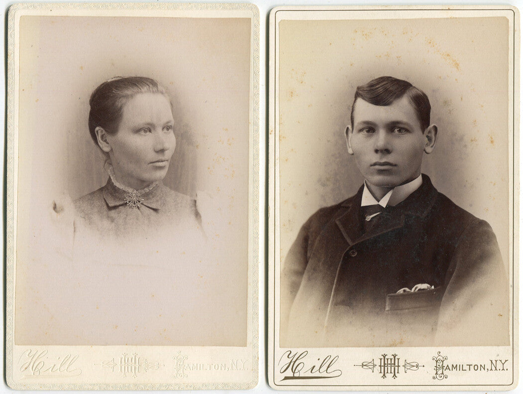MAN, WOMAN, BOTH W/ HIGH CHEEKBONES. SIBLINGS. CABINET CARD 2 SET. HAMILTON, N.Y