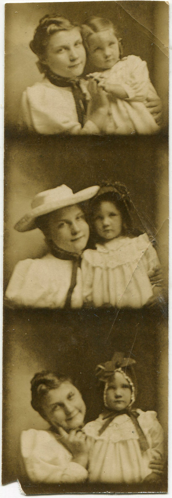 MOTHER AND CHILD/HATS. EARLY PHOTO BOOTH PHOTOS. TONED SILVER PRINT.