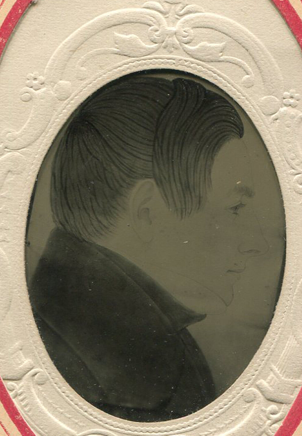 DRAWING OF MAN IN PROFILE, TINTYPE OF ARTWORK, RARE. IN PERIOD PAPER MAT.