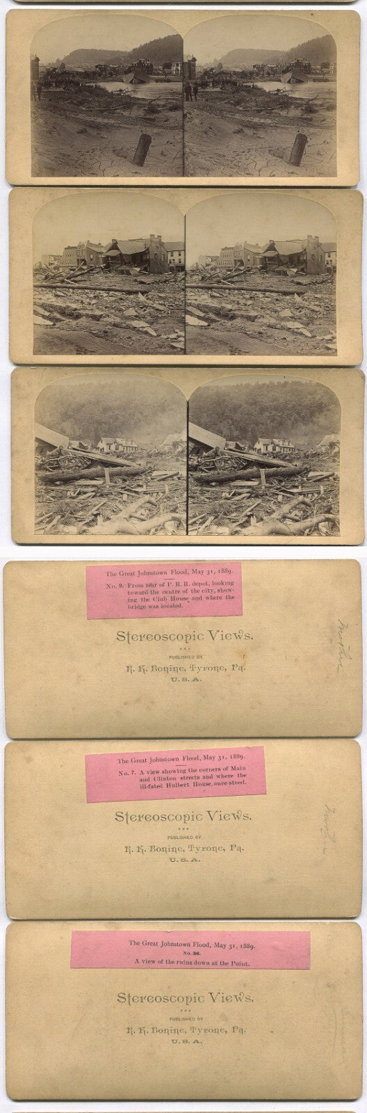 JOHNSTOWN FLOOD AFTERMATH. 13 SET STEREOVIEWS BY R.K. BONINE.