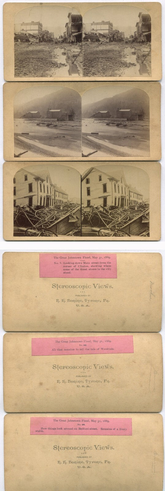 JOHNSTOWN FLOOD AFTERMATH. 13 SET STEREOVIEWS BY R.K. BONINE.