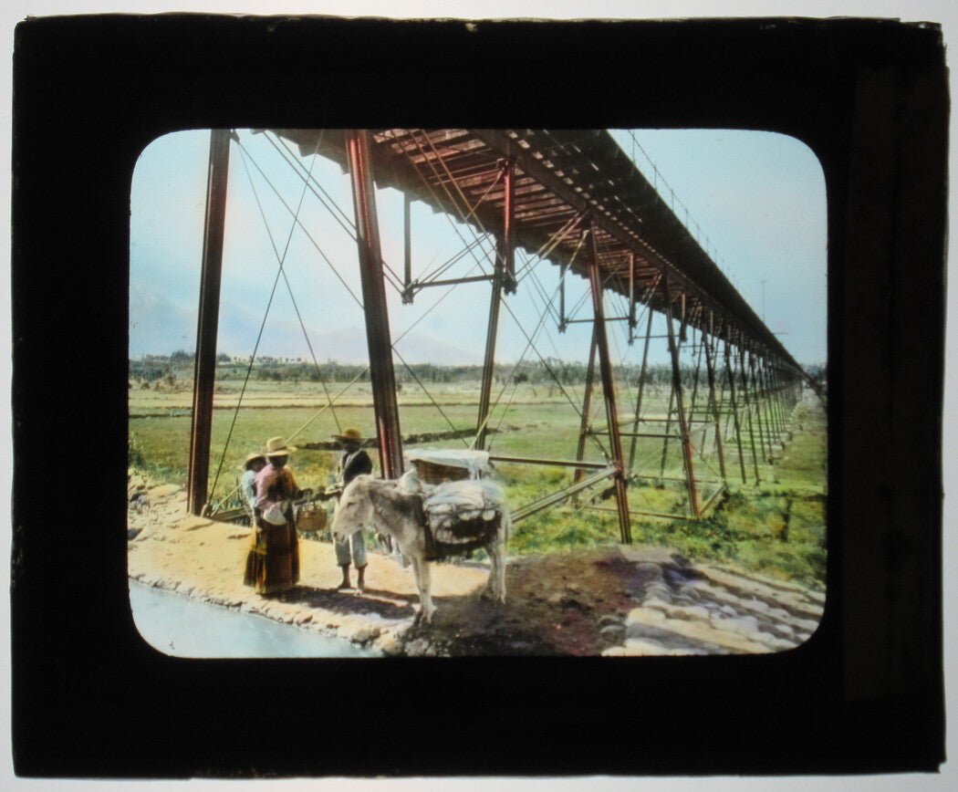 RAILROAD TRESTLE, AREQUIPA, PERU. TINTED PHOTO ON GLASS.