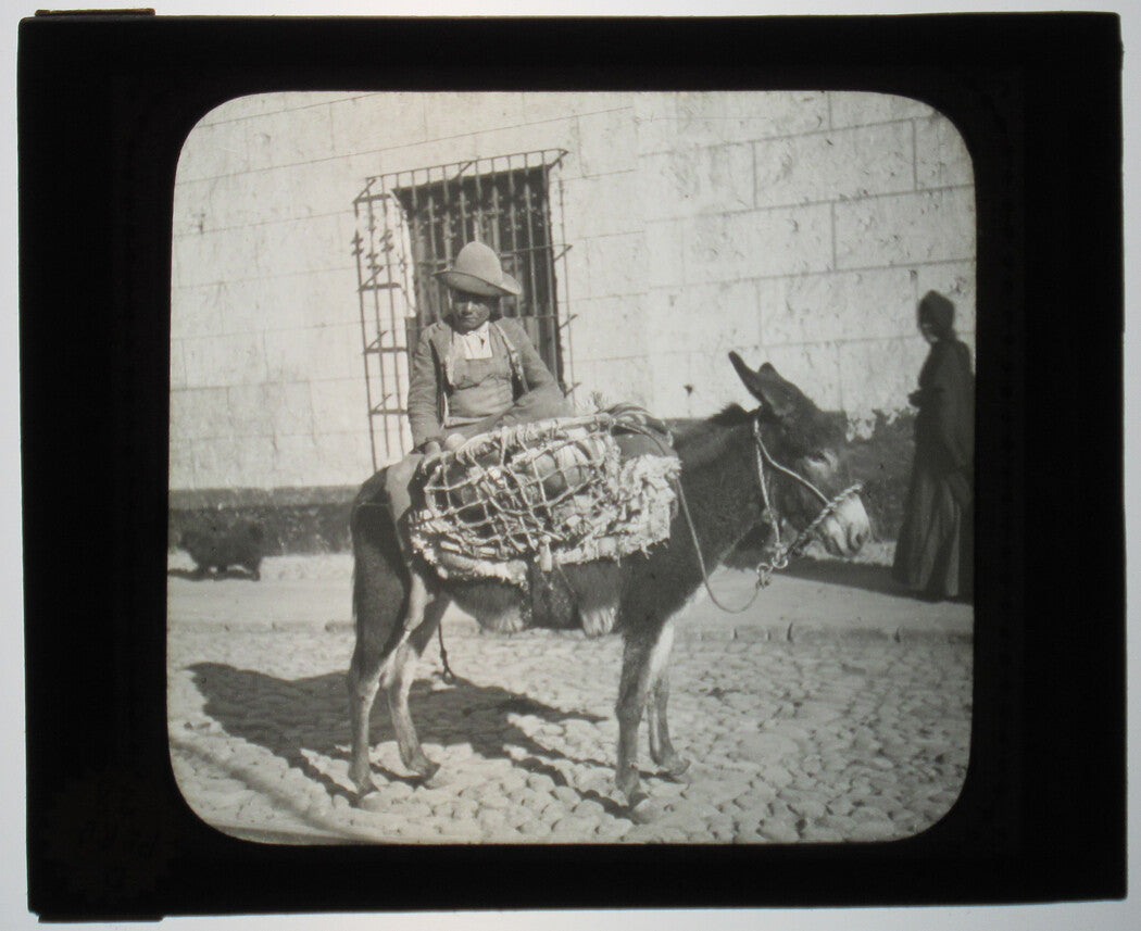 PEDDLER W/BURRO. AREQUIPA, PERU. PHOTO ON GLASS.