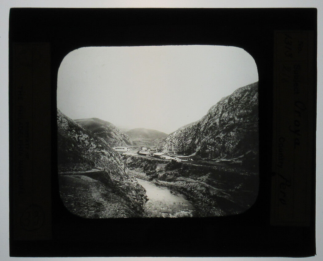 STRUCTURES IN VALLEY, OROYA, PERU. PHOTO ON GLASS.