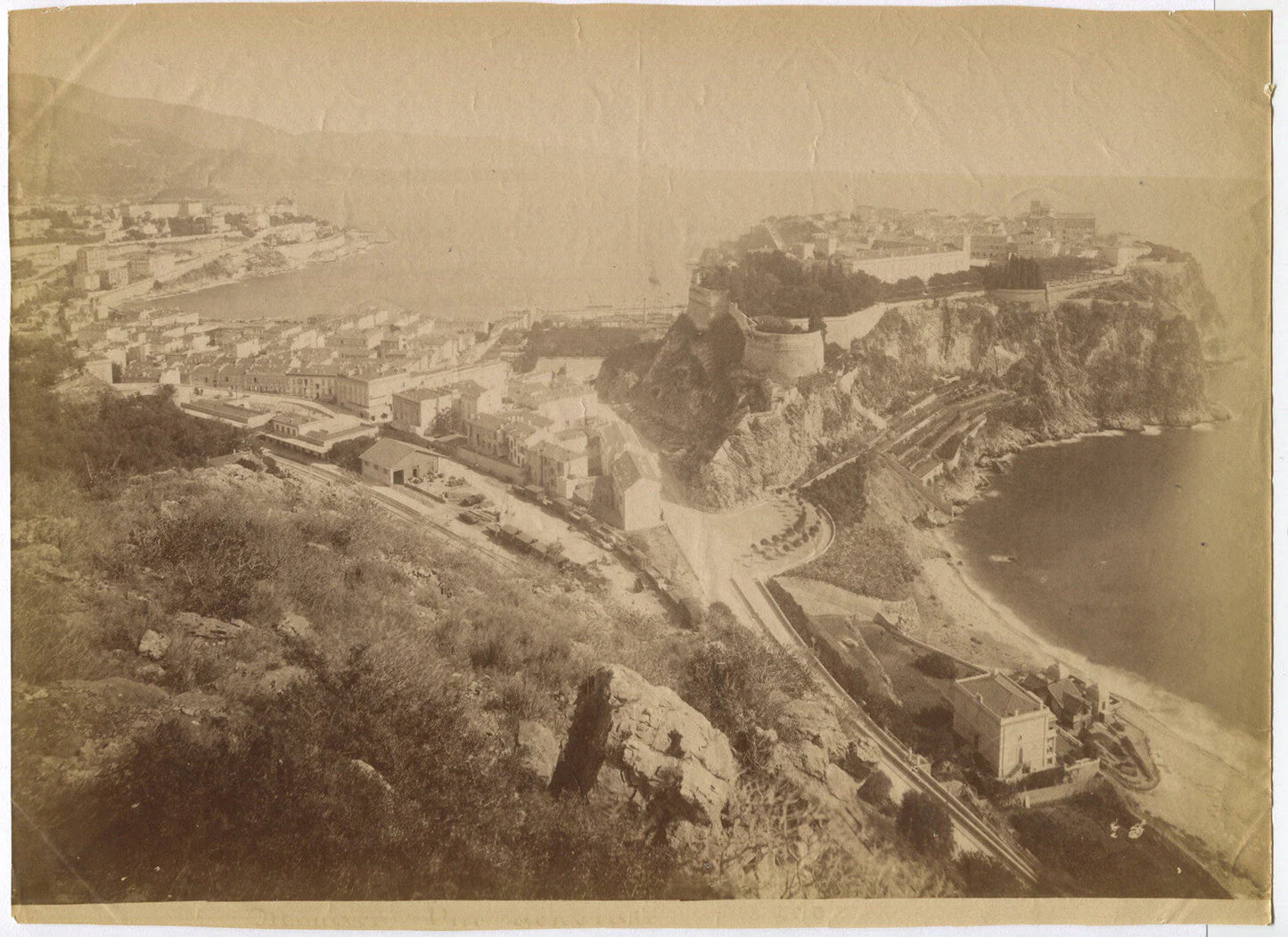Rare Vintage Albumen Photo 8x10 - Protected Italian Village on Cliffs Above the Sea, Unmounted