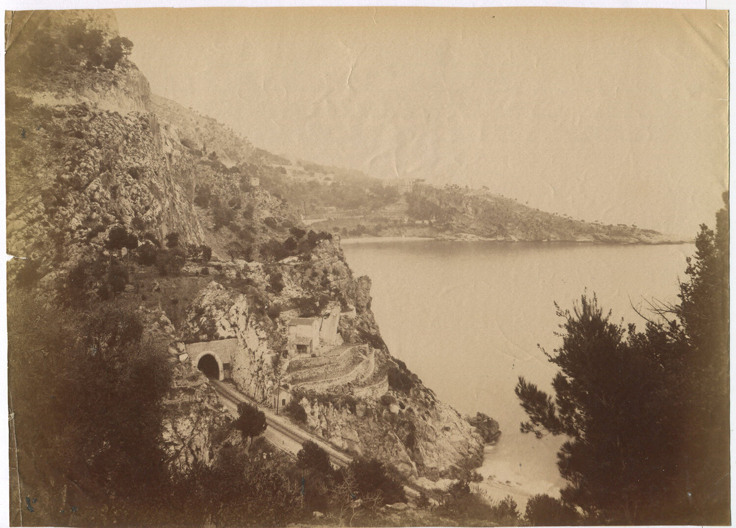 SEA SIDE VIEW OF RAILROAD TUNNEL THROUGH MOUNTAIN. ITALY. UNMOUNTED ALBUMEN.