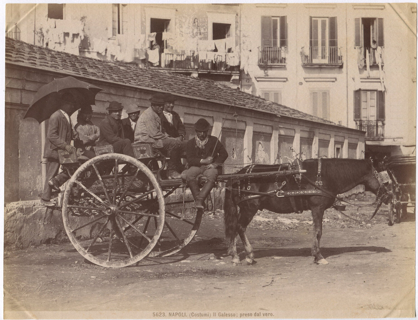 Vintage Albumen Photograph: Horse-Drawn Cart with Building in Background and