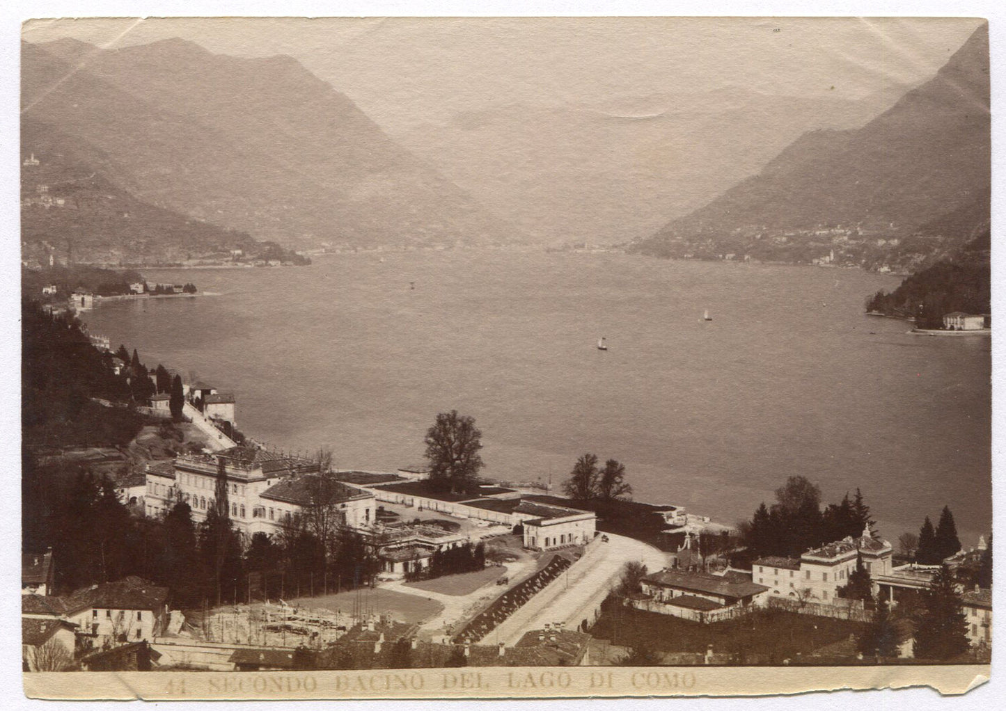 Vintage albumen photograph: Mountain Lake, Sailboats & Village, Italy -