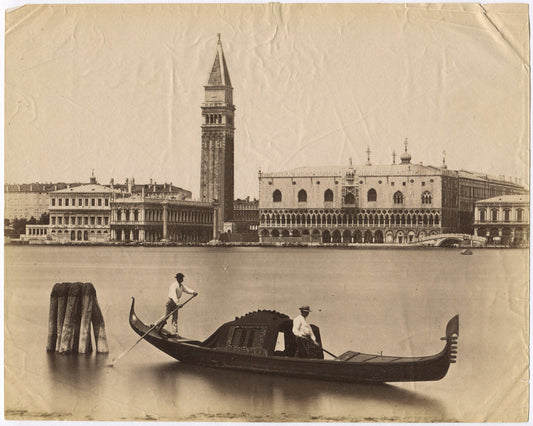 Vintage Venice Men Rowing Gondola Boat Albumen Photo - 8x10 Unmounted Print,