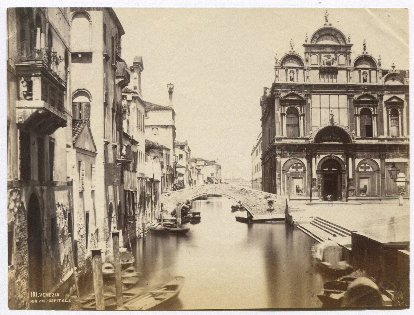 Vintage Venice Photo: Canal with Gondolas, Bridge & Buildings -- Unmounted Albumen Print, Original