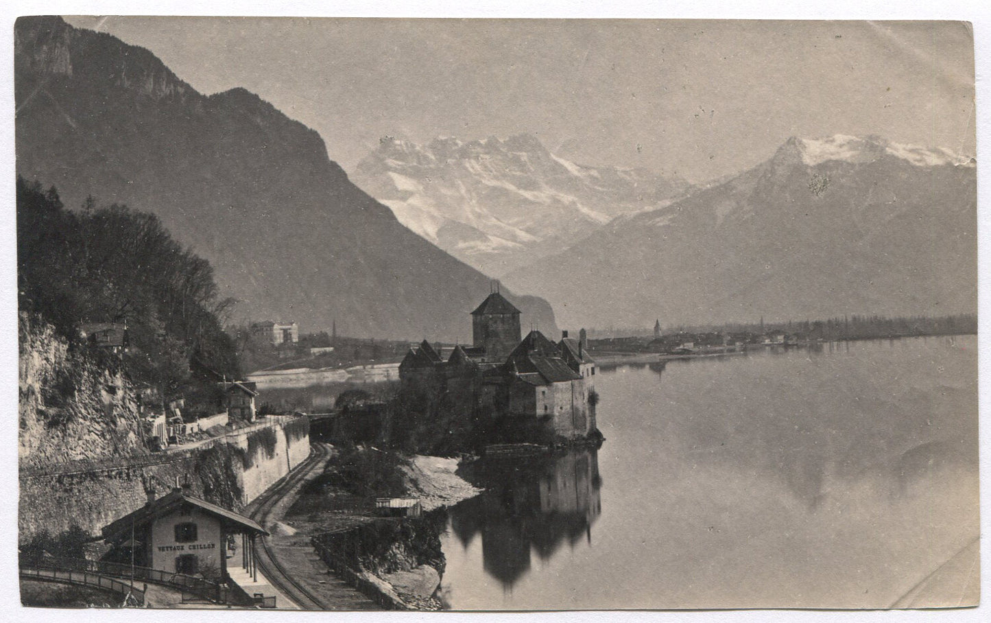 Vintage Albumen Photo 4x6 Rail Station Next Lake - Snow-Capped Mountains,