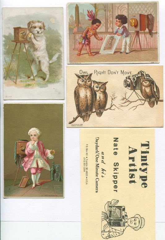 Vintage large format camera photographs set - 5-piece 1910s ads, comical scenes,