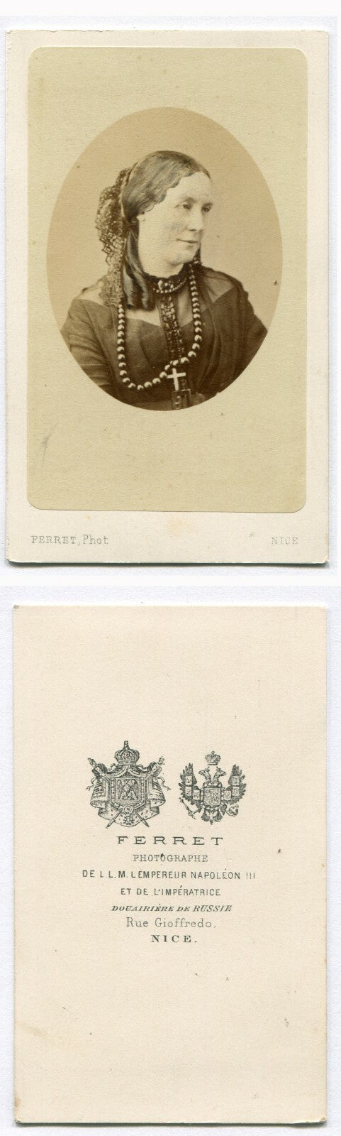 WOMAN W/CHUNKY BEADED NECKLACE AND CRUCIFIX. CDV. NICE, FRANCE.
