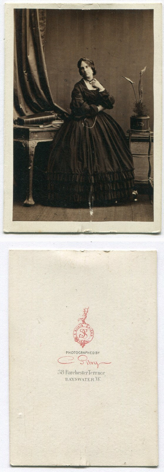 WOMAN POSED W/HAND ON NECKLACE. RICHLY TONED CDV. BAYSWATER, ENGLAND.