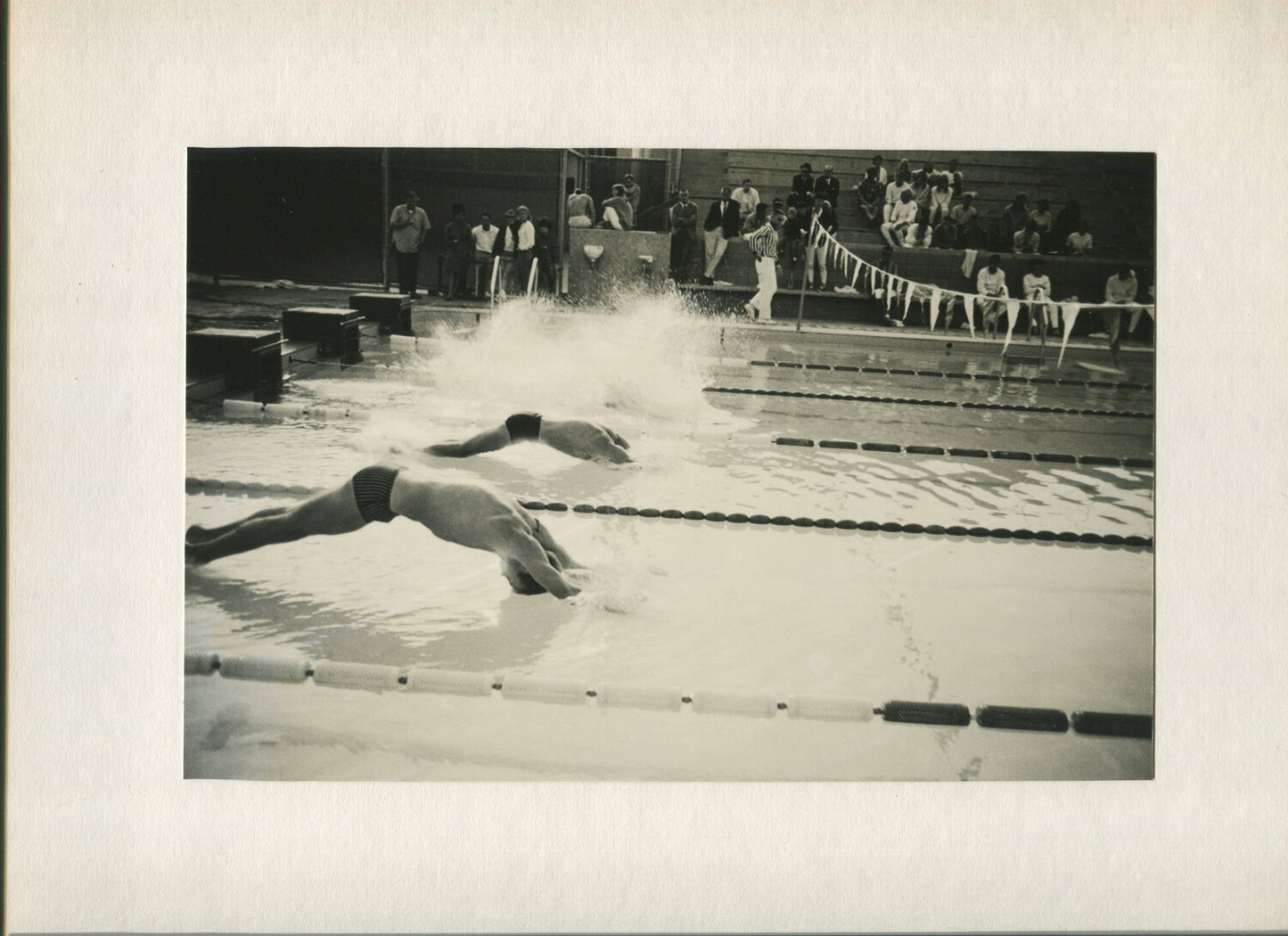 MEN'S SWIM MEET. START OF RACE. B&W PHOTO. 1970s.