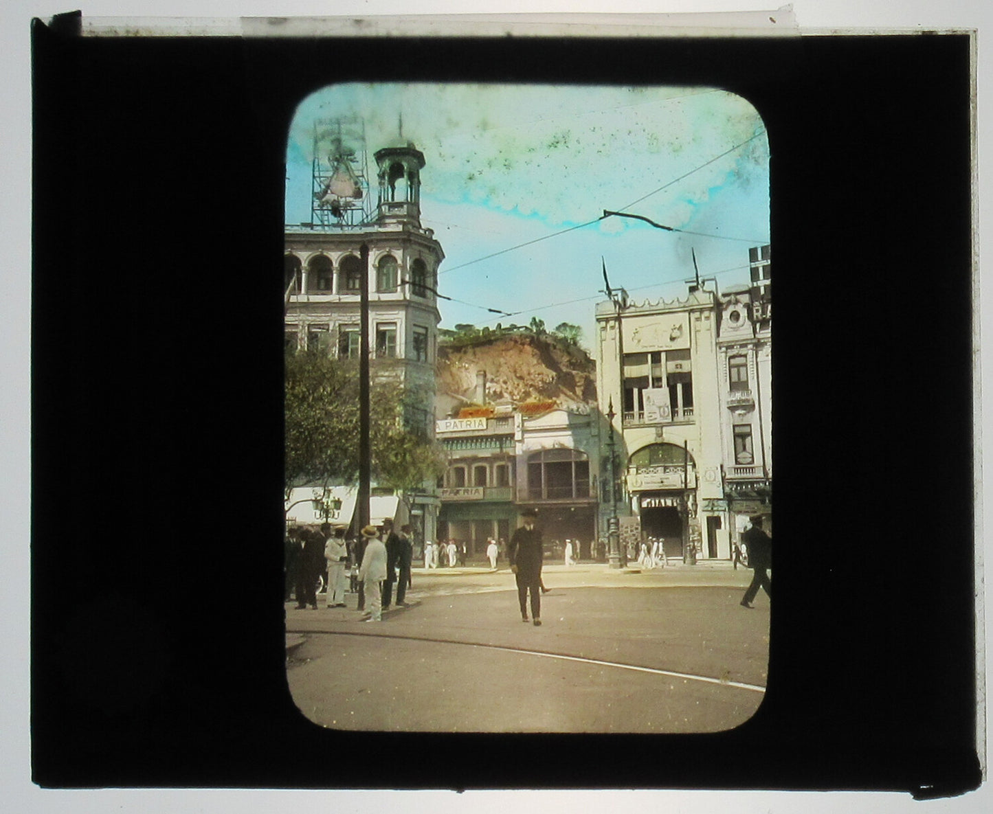 STREET SCENE, RIO DE JANEIRO, BRAZIL.TINTED PHOTO ON GLASS.