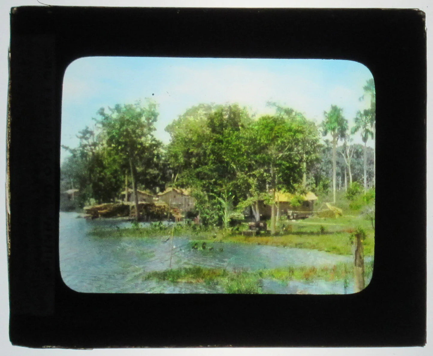 Vintage Brazil Lantern Slide - Small Structures, São Francisco de Jardim, Tinted Hand-Colored Photo on Glass