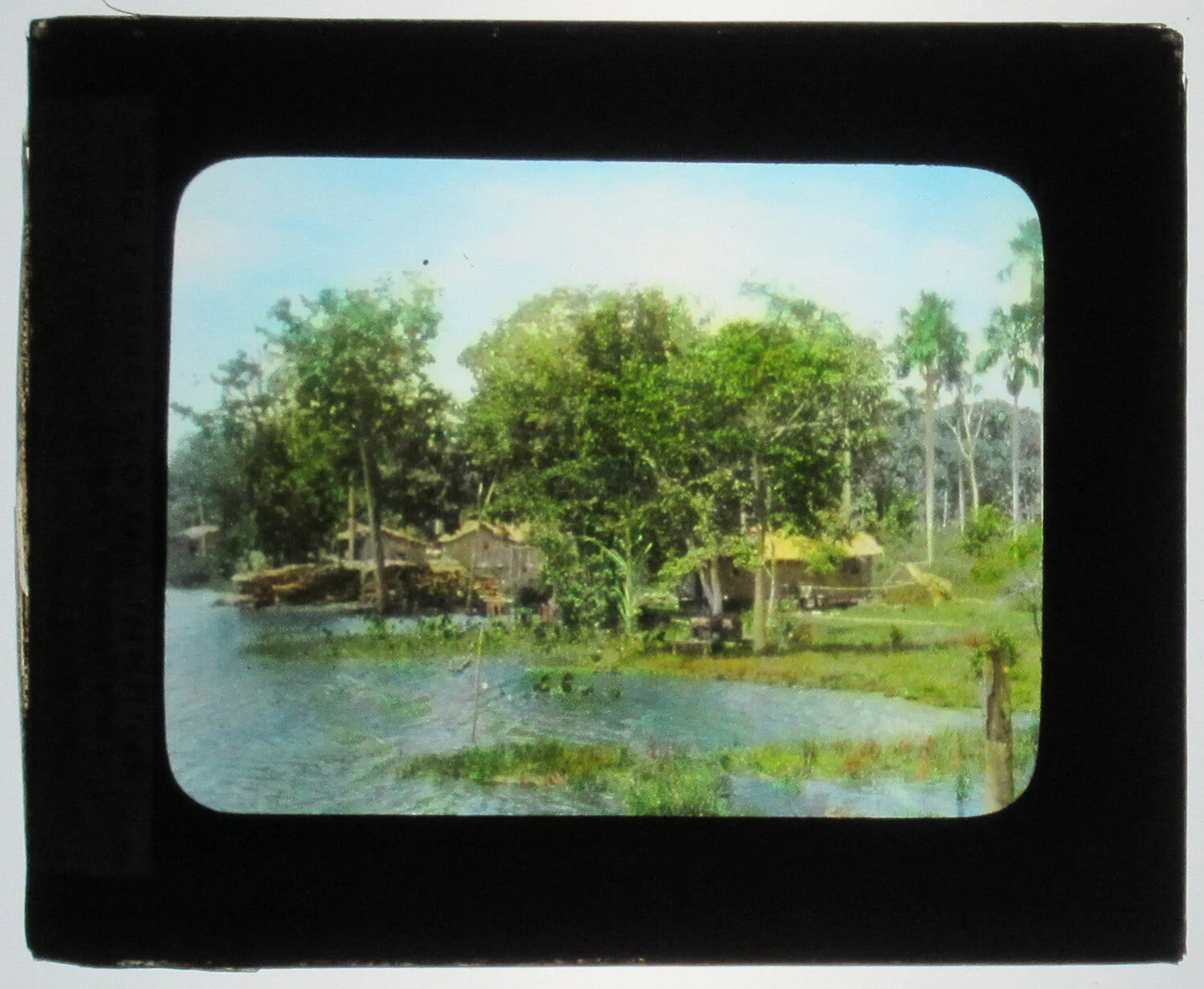 Vintage Brazil Lantern Slide - Small Structures, São Francisco de Jardim, Tinted Hand-Colored Photo on Glass